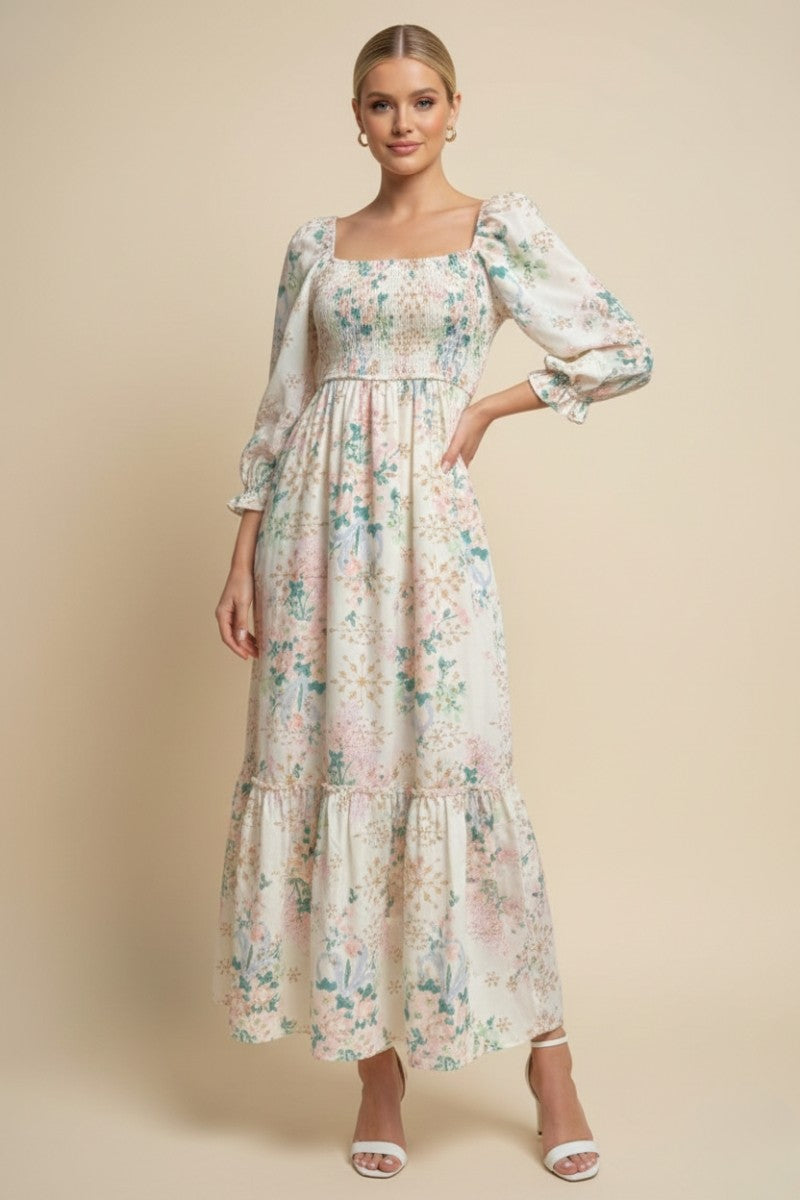 Ivory Floral Smocked 3/4 Sleeve Maternity Maxi Dress – PinkBlush