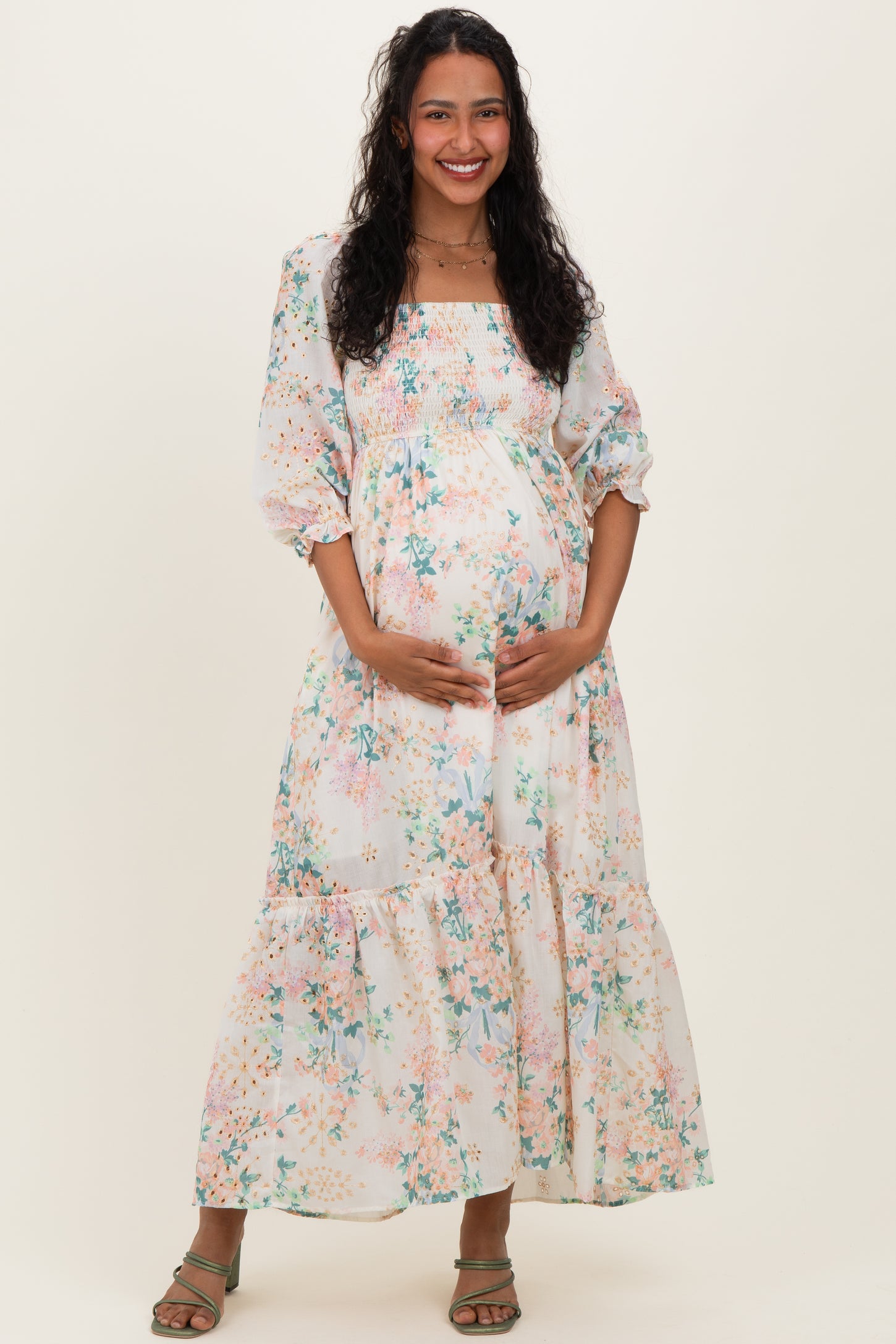 Ivory Floral Smocked 3/4 Sleeve Maternity Maxi Dress – PinkBlush