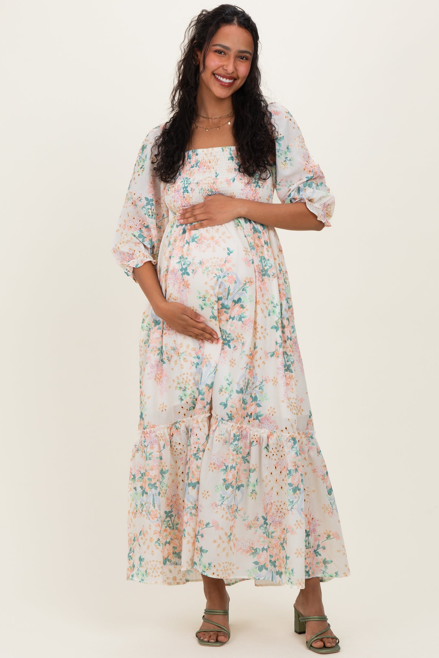 3 4 sleeve maternity maxi dress Ivory Floral Smocked 3/4 Sleeve Maternity Maxi Dress