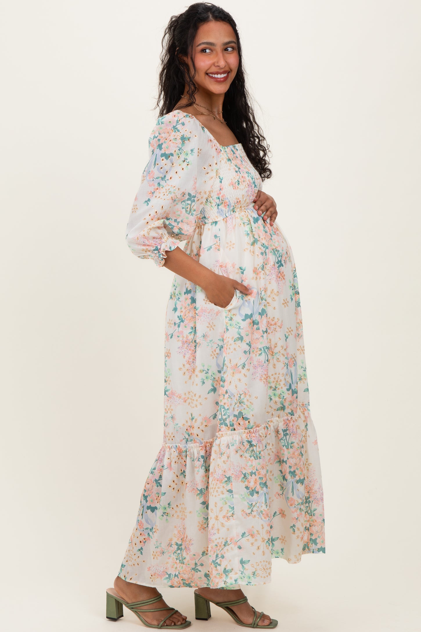 ivory floral smocked maternity maxi dress Ivory Floral Smocked Maternity Maxi Dress PinkBlush