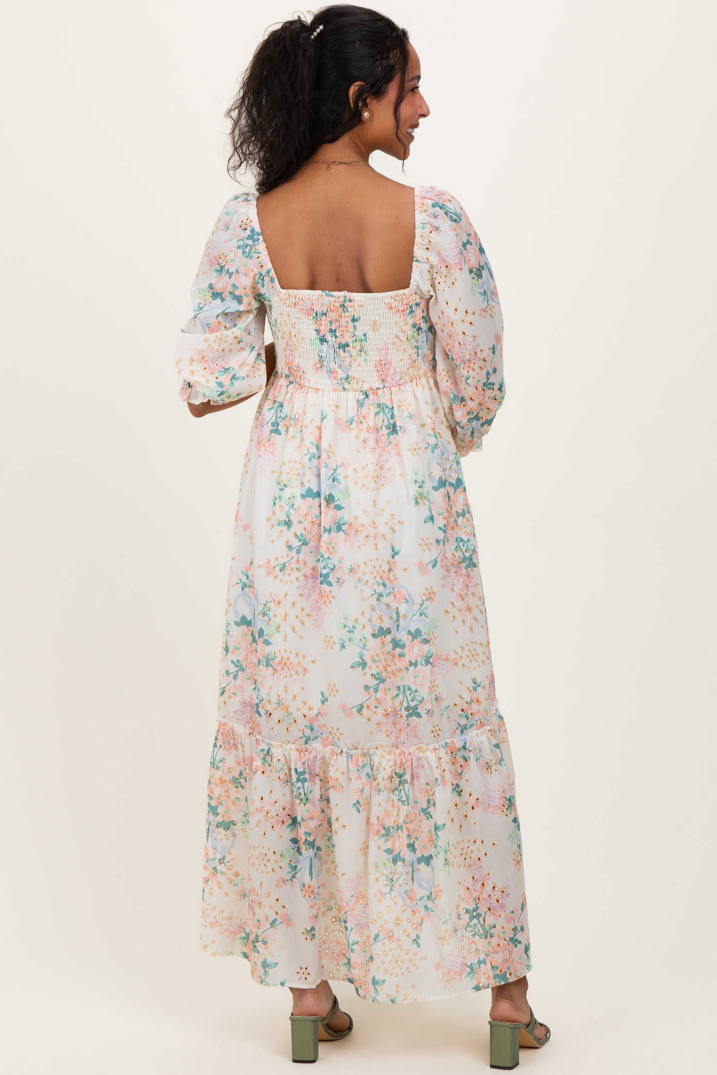 Ivory Floral Smocked 3/4 Sleeve Maternity Maxi Dress – PinkBlush