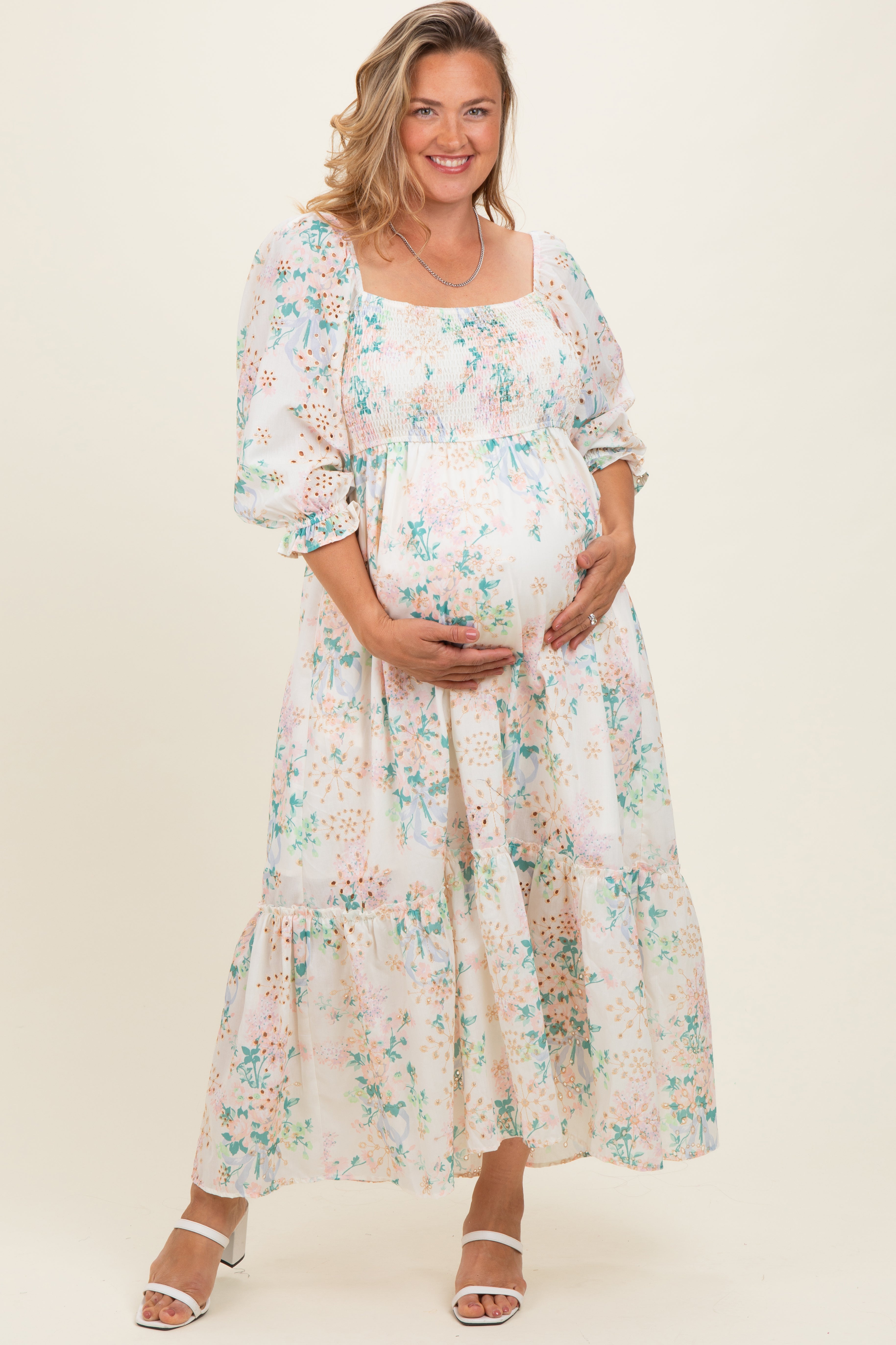 Ivory Floral Smocked 3/4 Sleeve Maternity Plus Maxi Dress