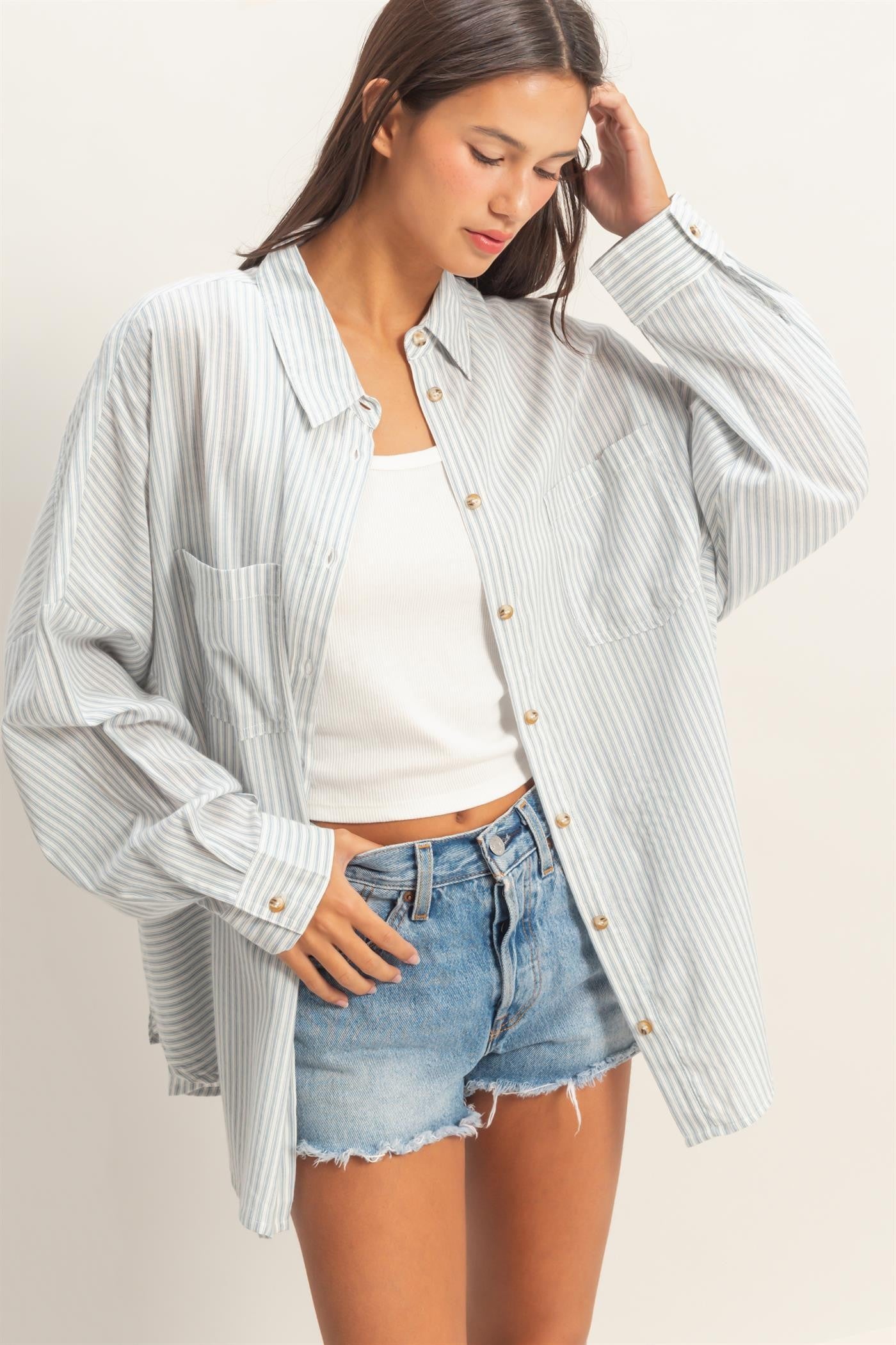 Blue Oversized Striped Button-Up Maternity Shirt