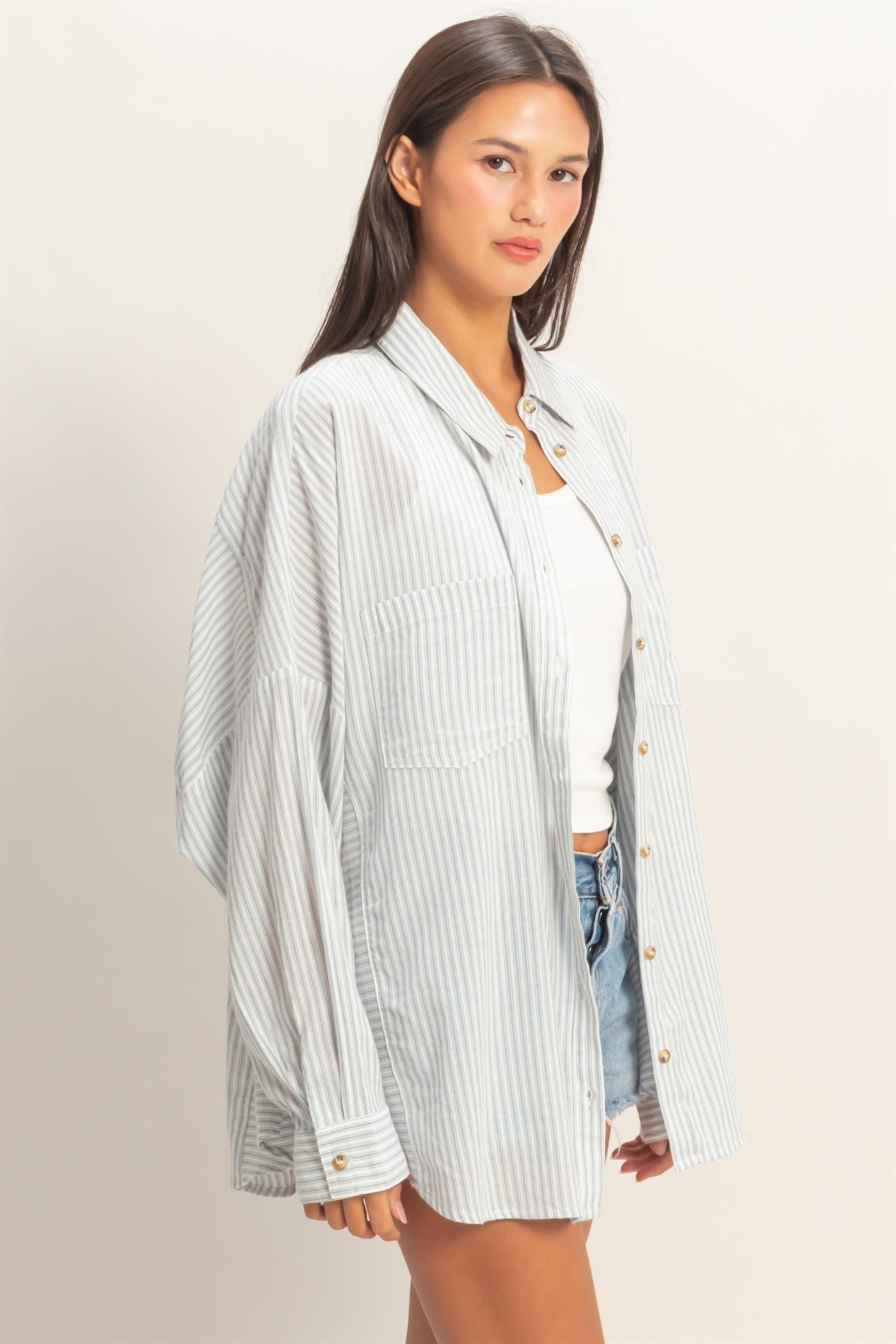 Blue Oversized Striped Button-Up Shirt