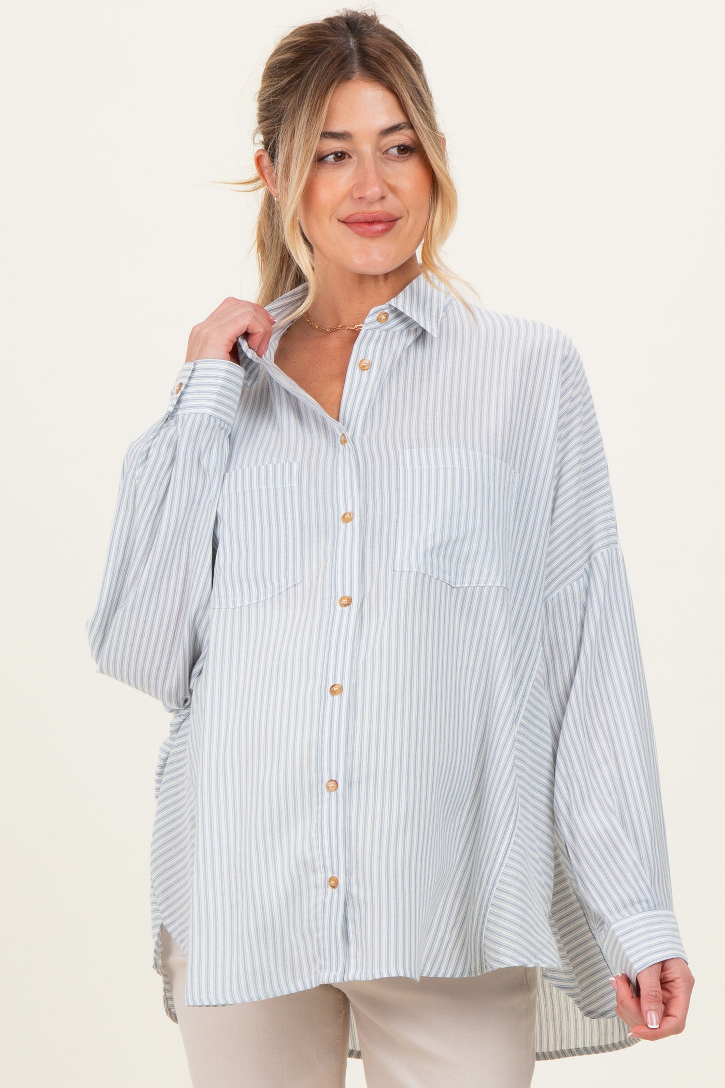 Blue Oversized Striped Button-Up Maternity Shirt