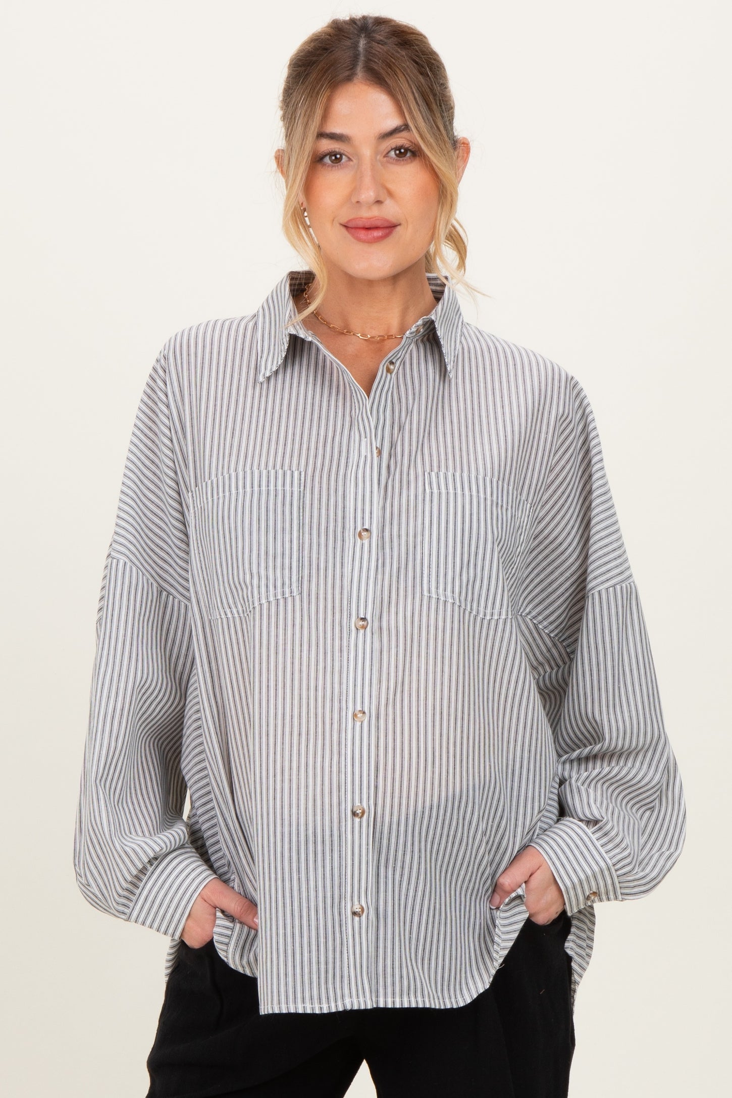 Black Oversized Striped Button-Up Maternity Shirt