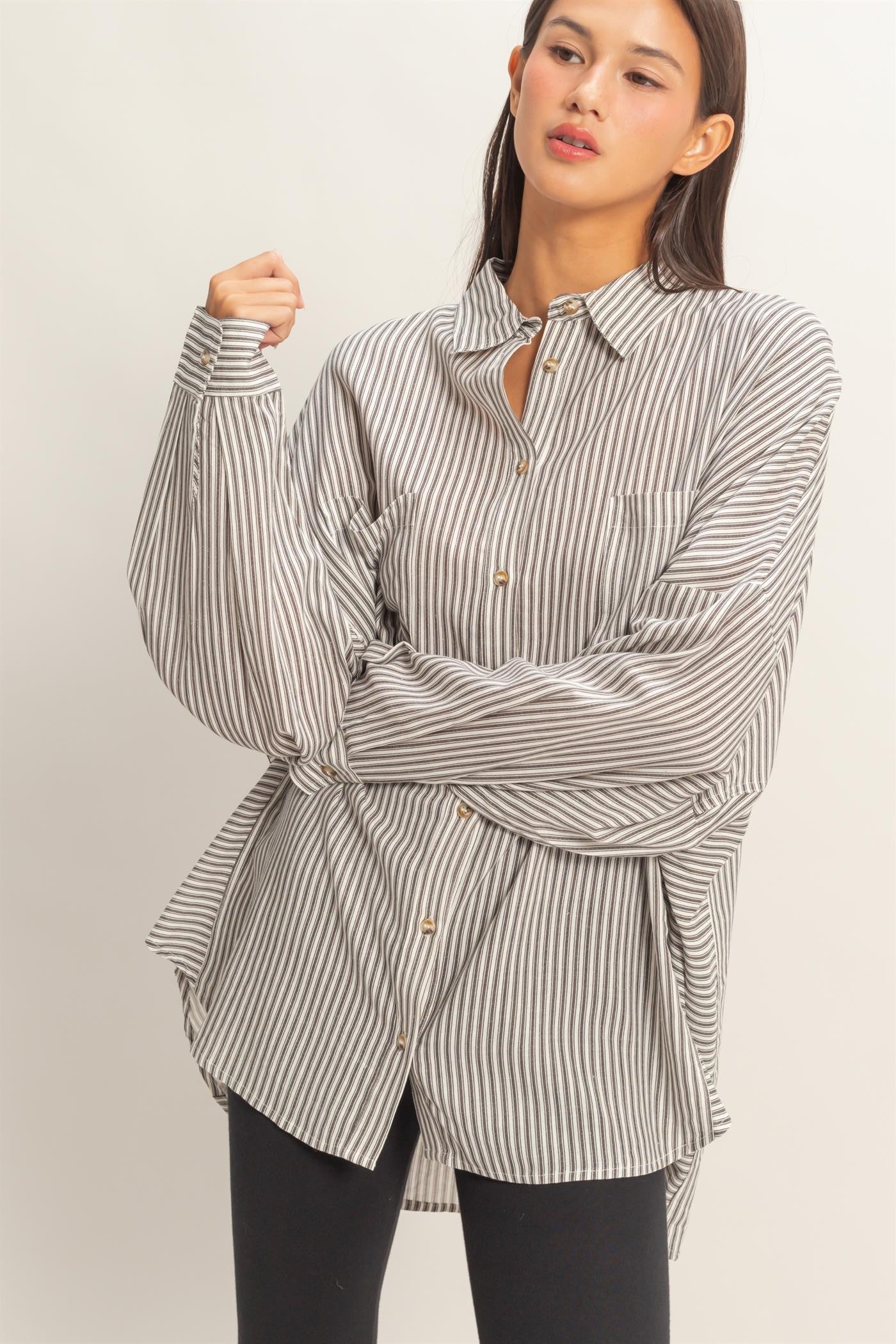 Black Oversized Striped Button-Up Maternity Shirt