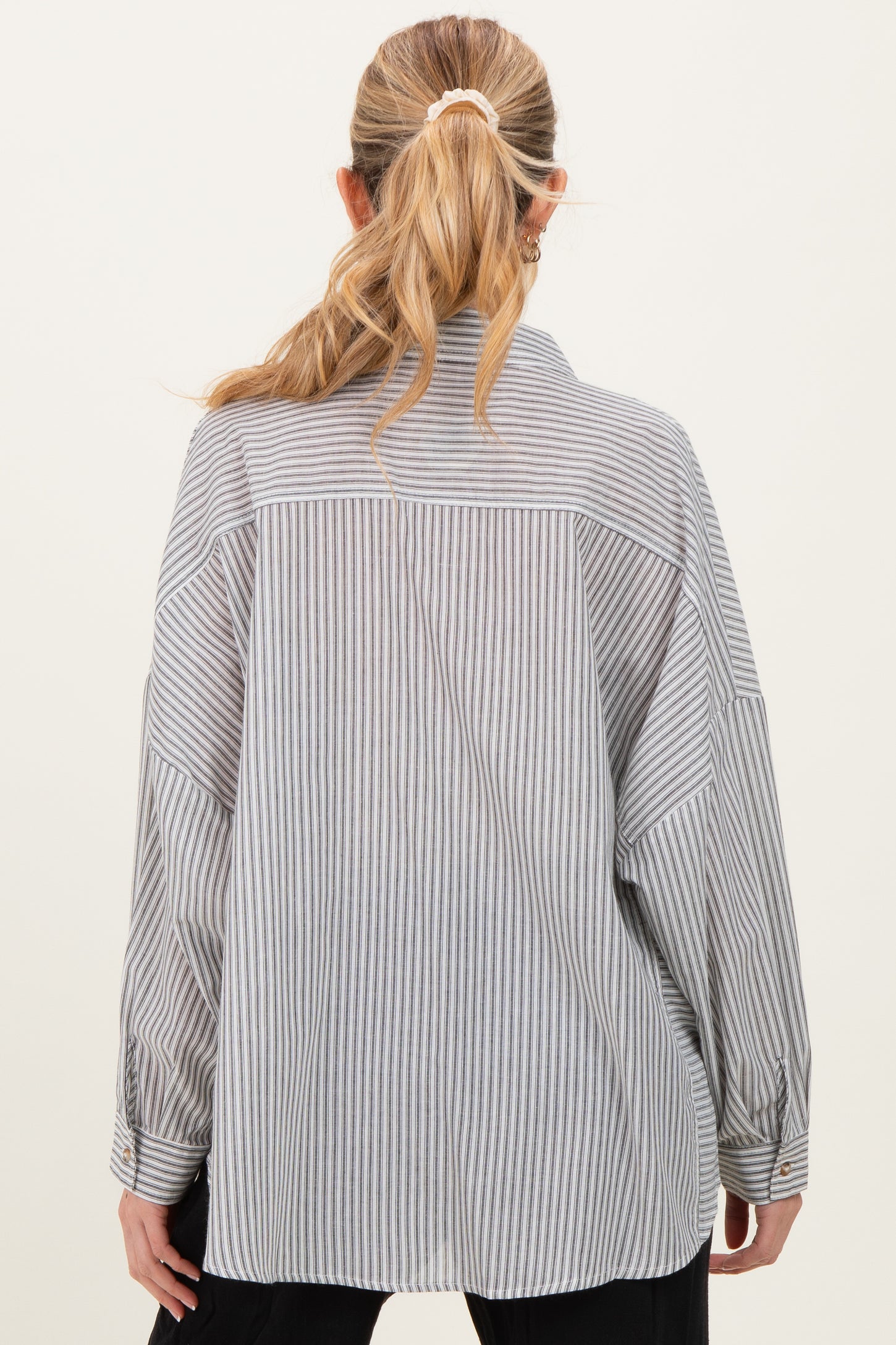 Black Oversized Striped Button-Up Maternity Shirt