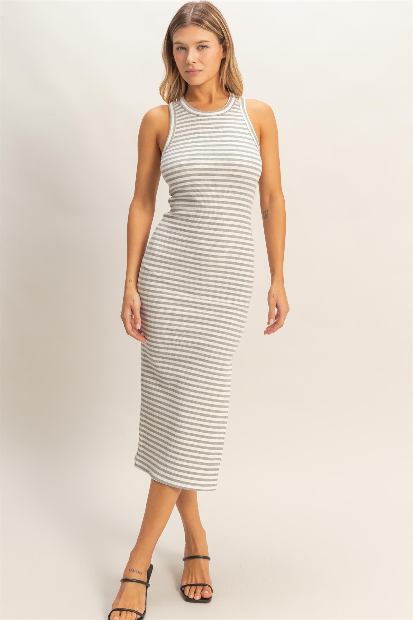 grey bodycon tank dress Heather Grey Striped Side Slit Tank Dress