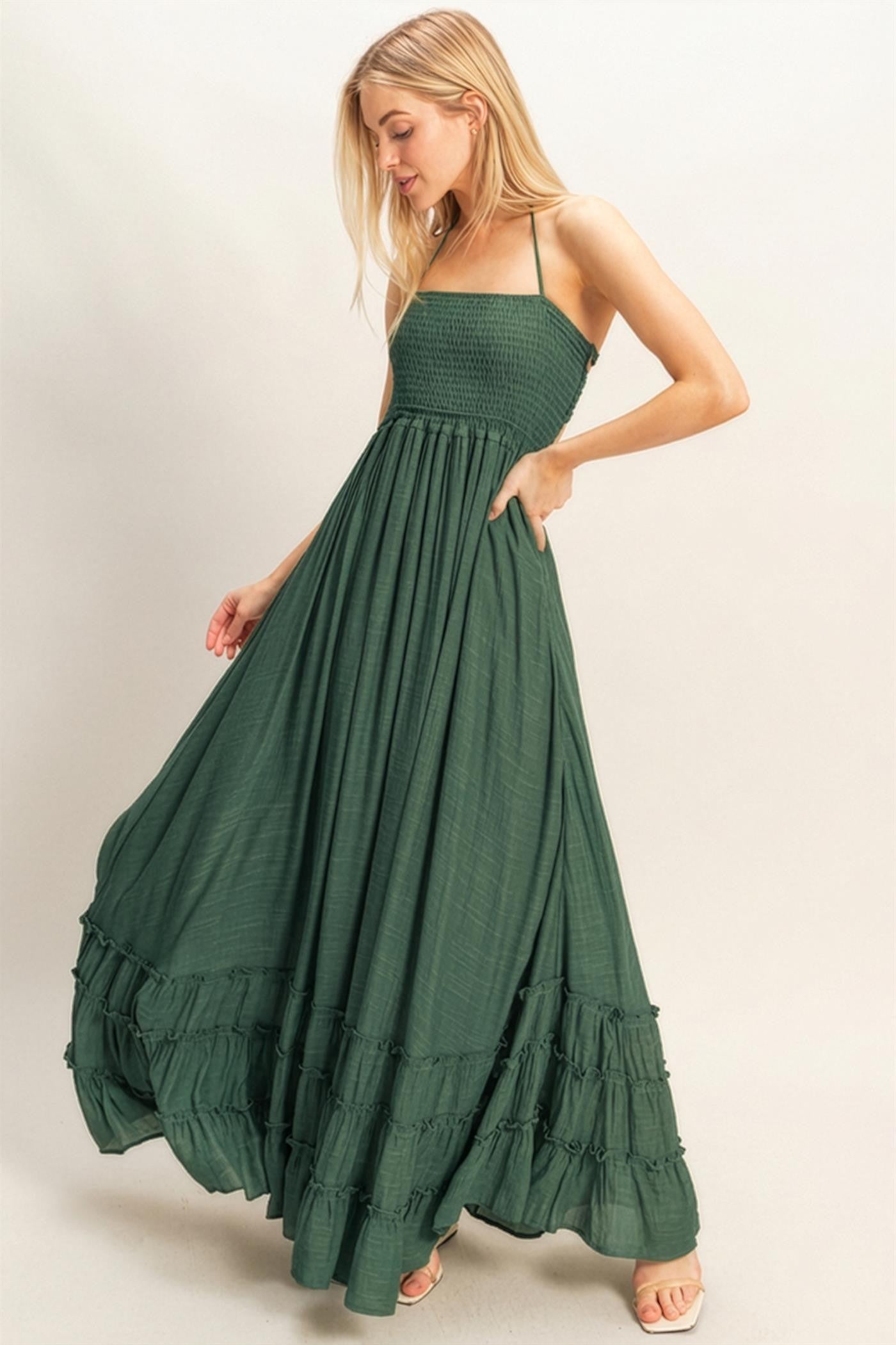 Hunter Green Smocked Halter Open Back Maxi Dress – PinkBlush