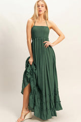 Hunter Green Smocked Halter Open Back Maxi Dress
