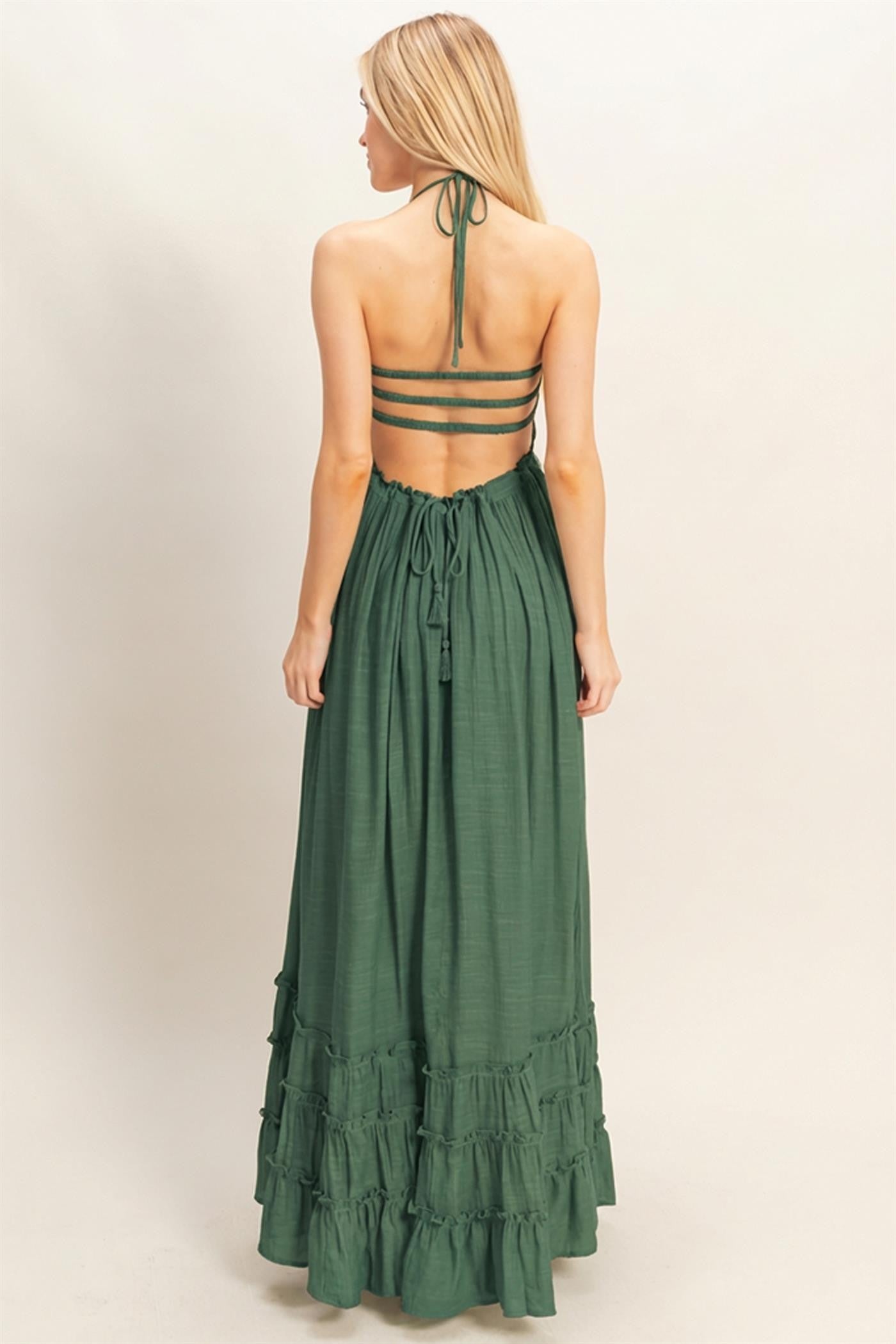 Hunter Green Smocked Halter Open Back Maxi Dress