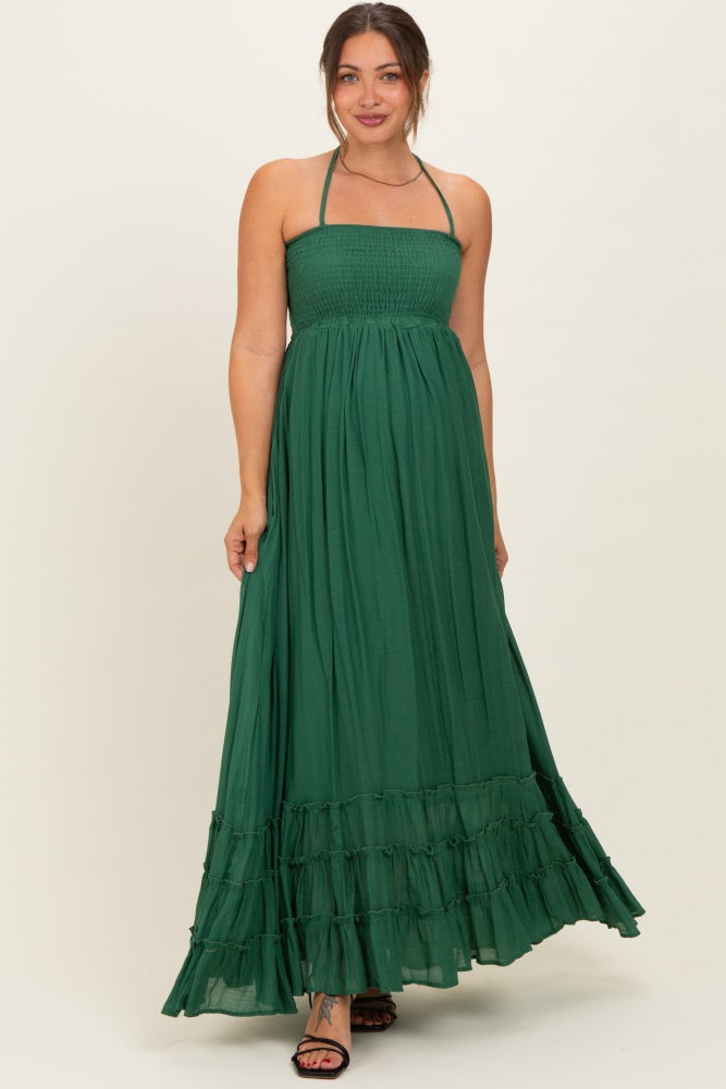 green emerald velvet dress Satin Halter Pleats Dark Green Wedding Guest Dress