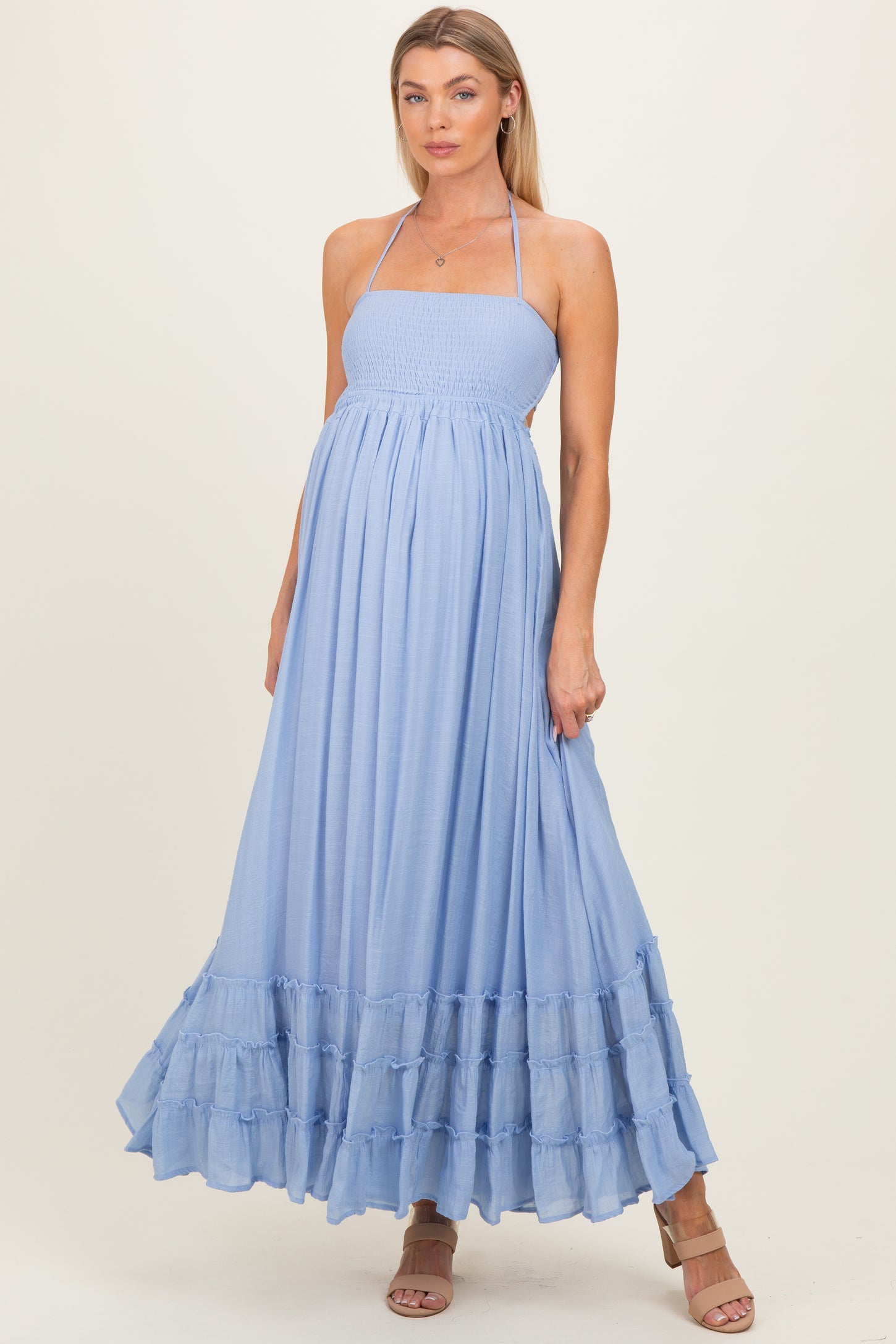 Powder Blue Smocked Halter Open Back Maternity Maxi Dress