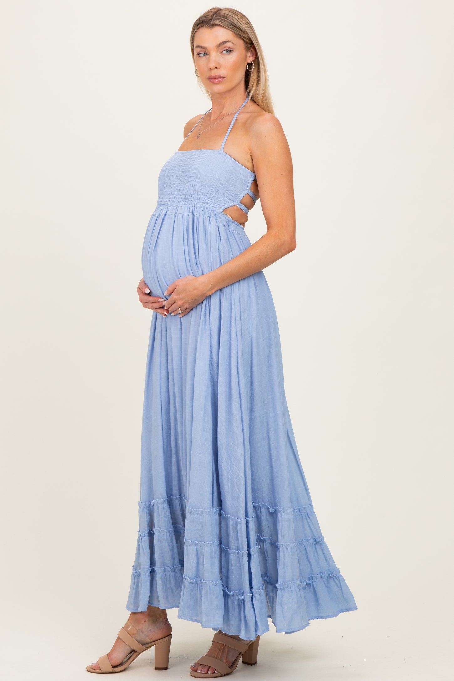 Powder Blue Smocked Halter Open Back Maternity Maxi Dress