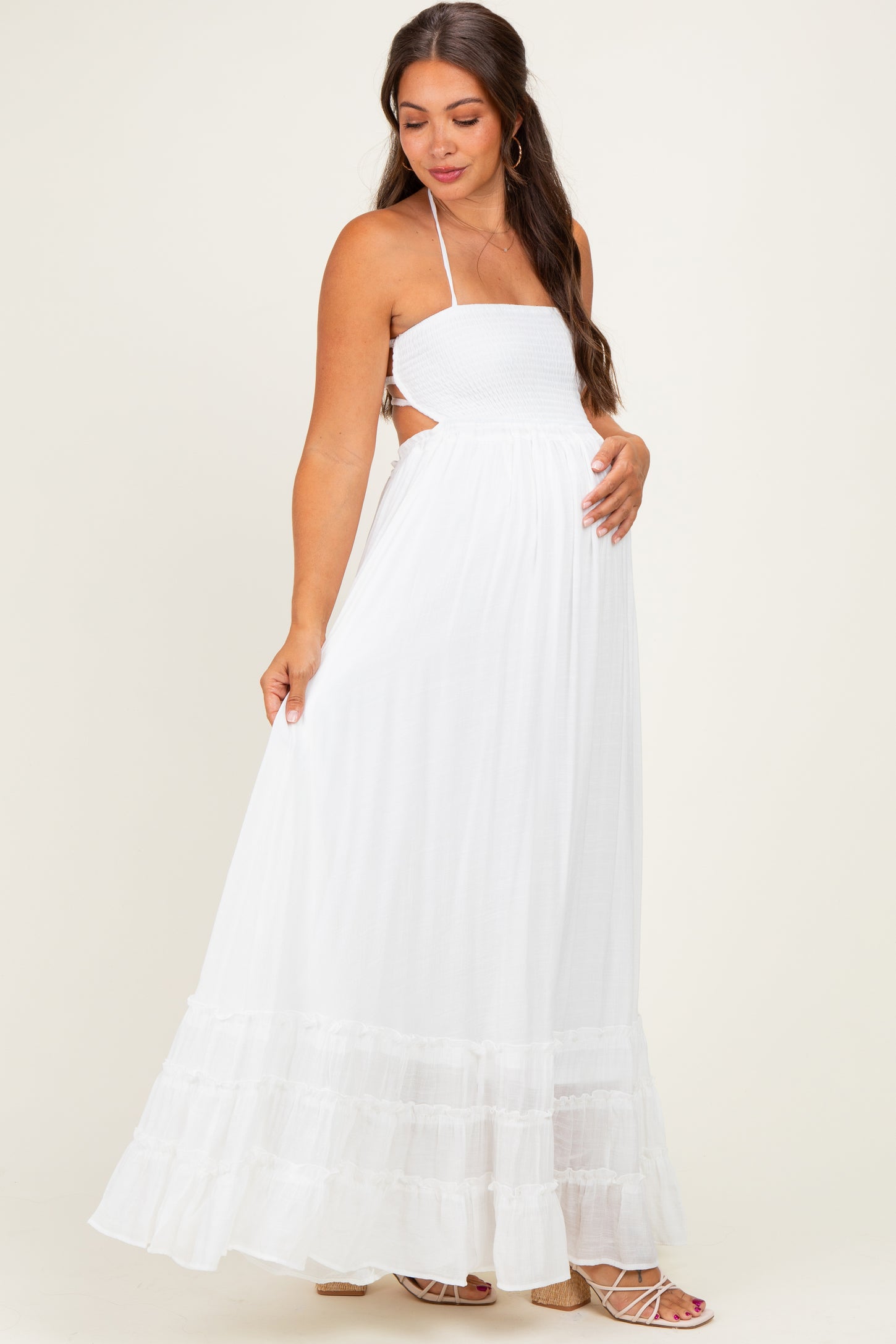 white open back maternity dress Momyknows White Print Pleating Open Back Maternity Photoshoot Maxi Dress, White / L