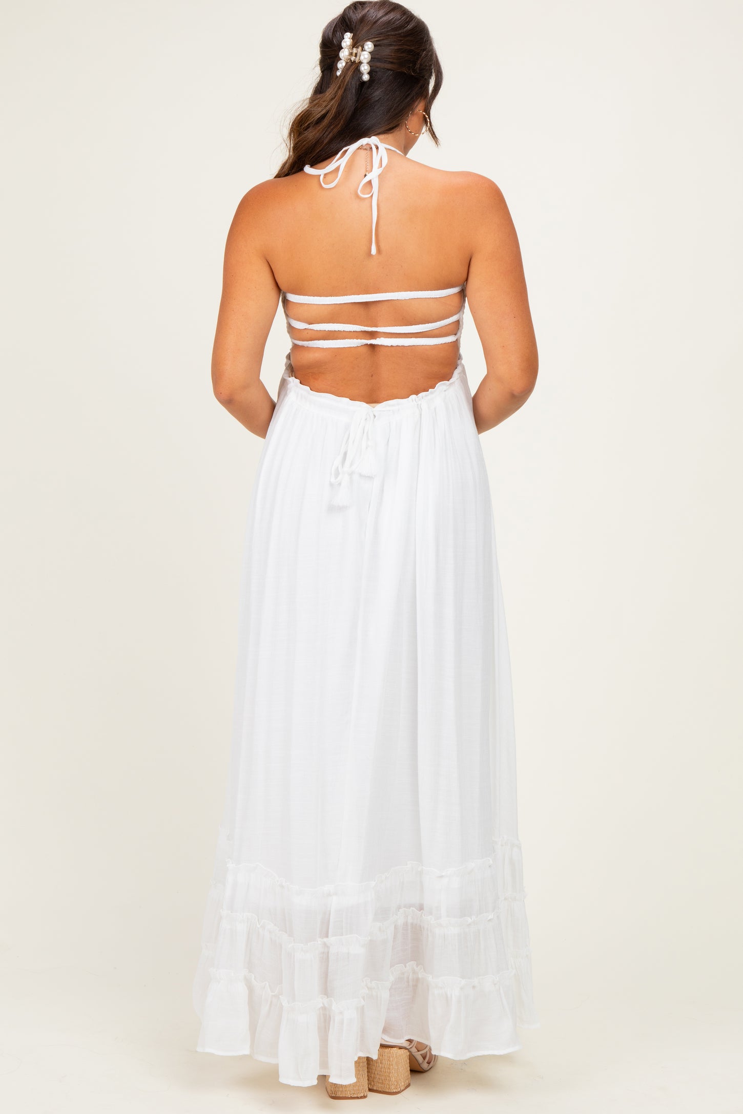 white open back maternity dress White Vintage Backless Lace Maternity Photoshoot Gown