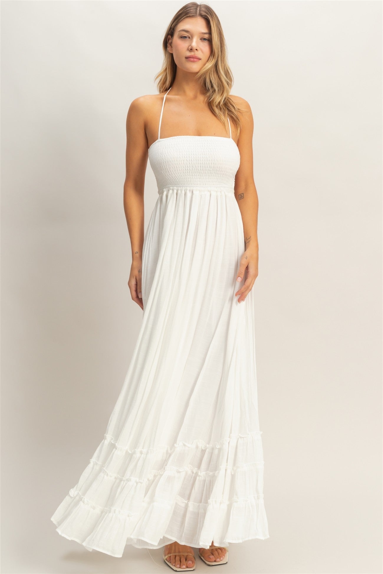 White Smocked Halter Open Back Maxi Dress – PinkBlush