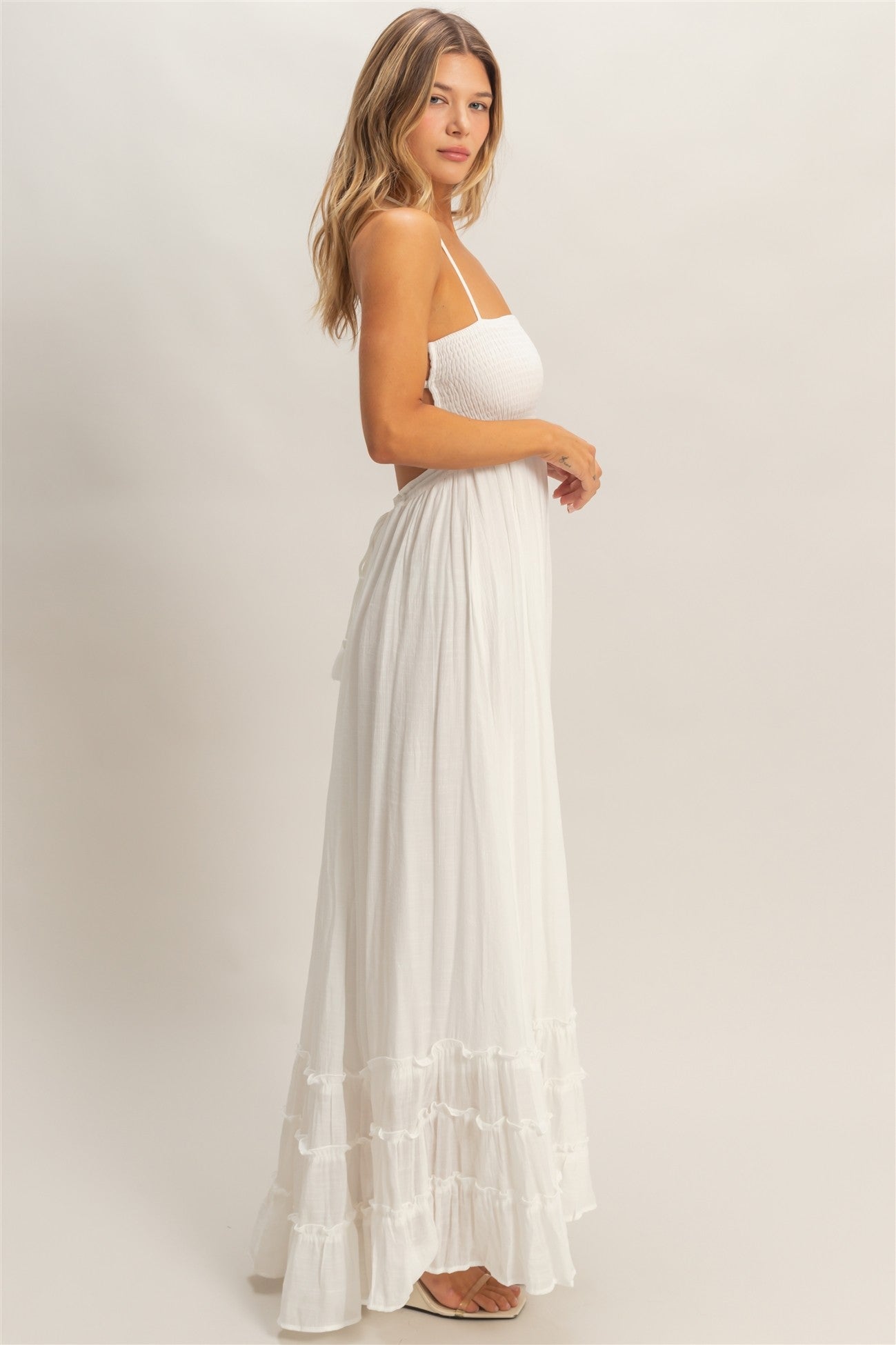 White Smocked Halter Open Back Maxi Dress