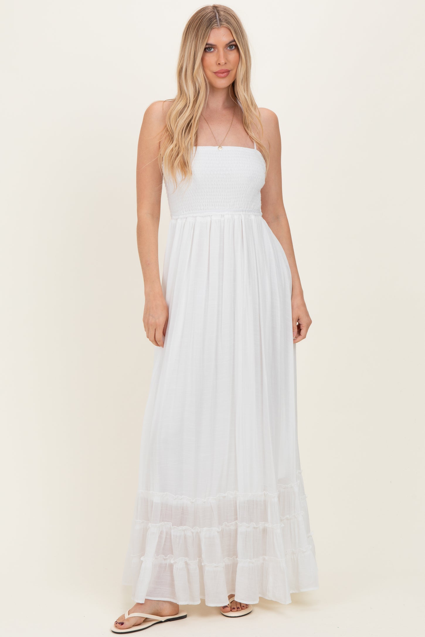 White Smocked Halter Open Back Maxi Dress