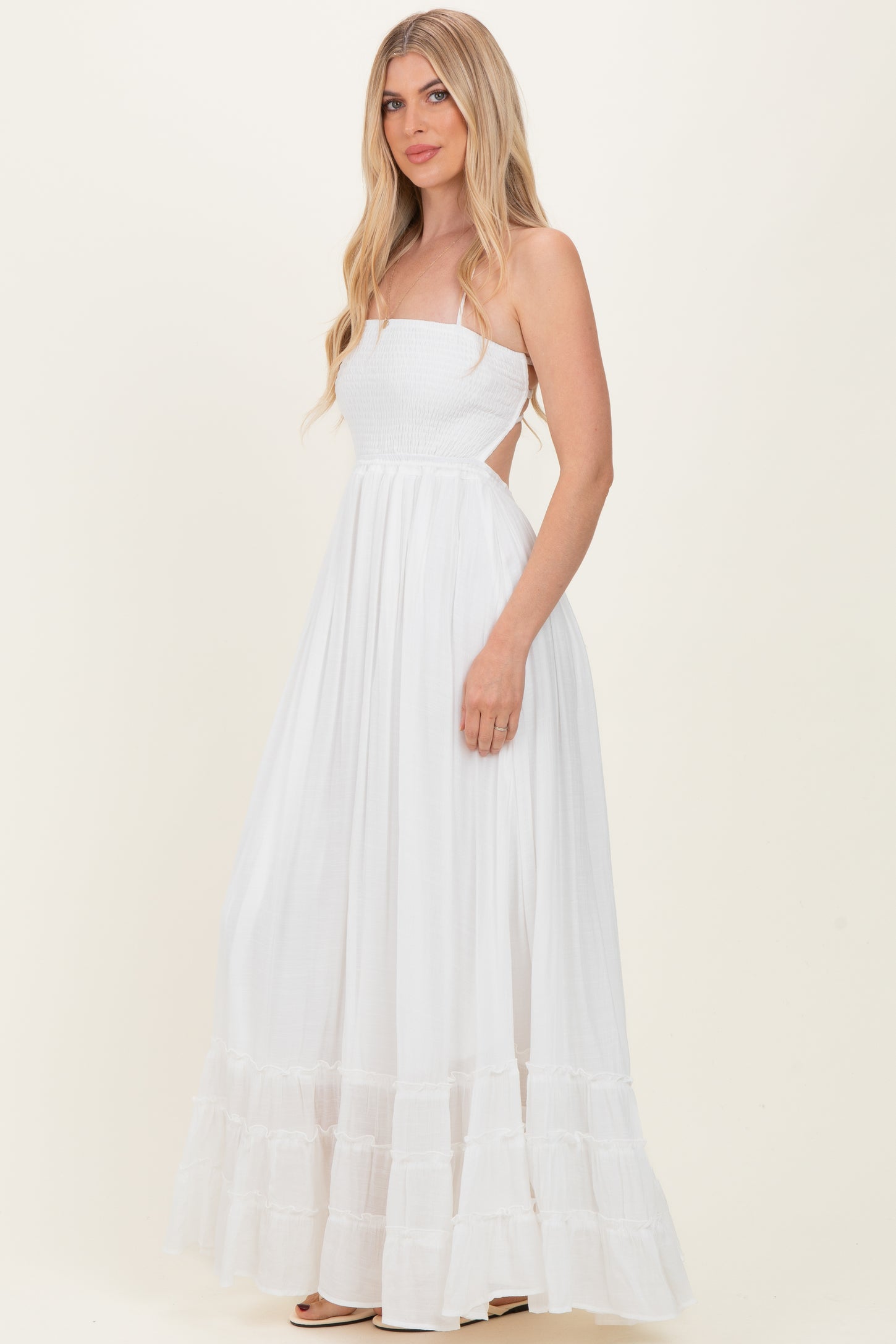 White Smocked Halter Open Back Maxi Dress White Smocked Halter Open Back Maxi Dress
