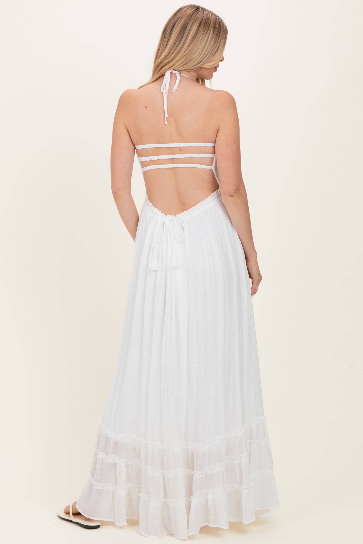 White Smocked Halter Open Back Maxi Dress White Smocked Halter Open Back Maxi Dress
