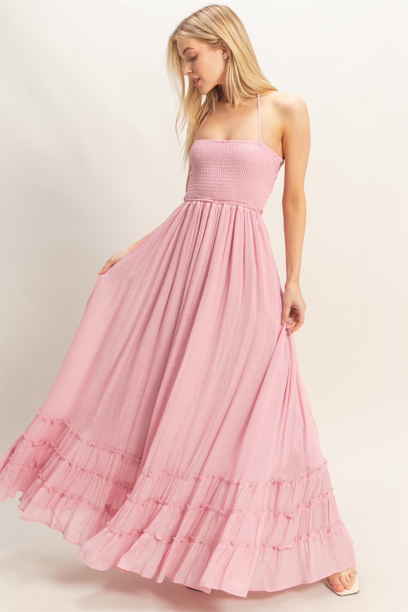 baby pink maxi dress Light Pink Smocked Halter Open Back Maternity Maxi Dress