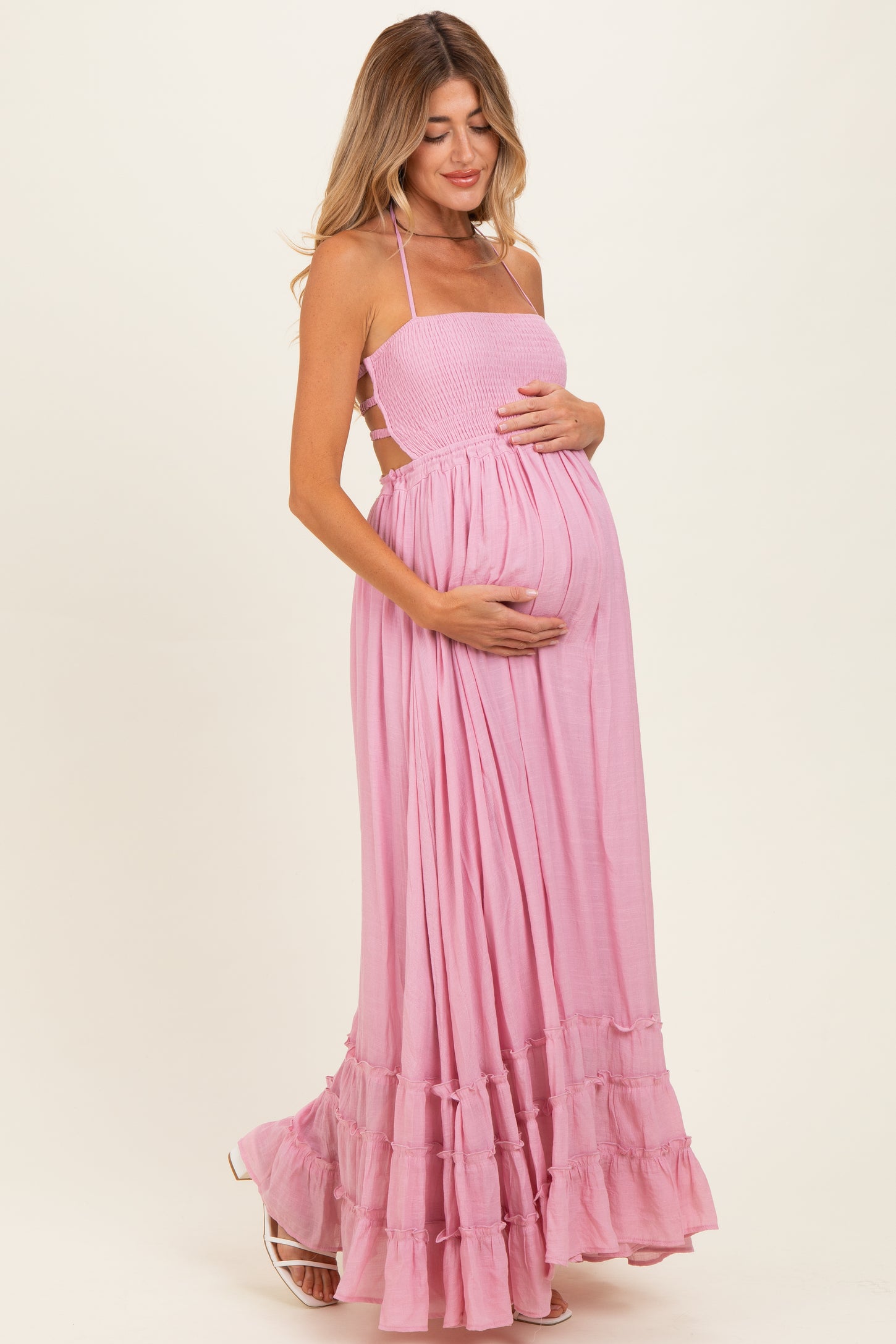 Light Pink Smocked Halter Open Back Maternity Maxi Dress PinkBlush Light Pink Smocked Halter Open Back Maternity Maxi Dress PinkBlush
