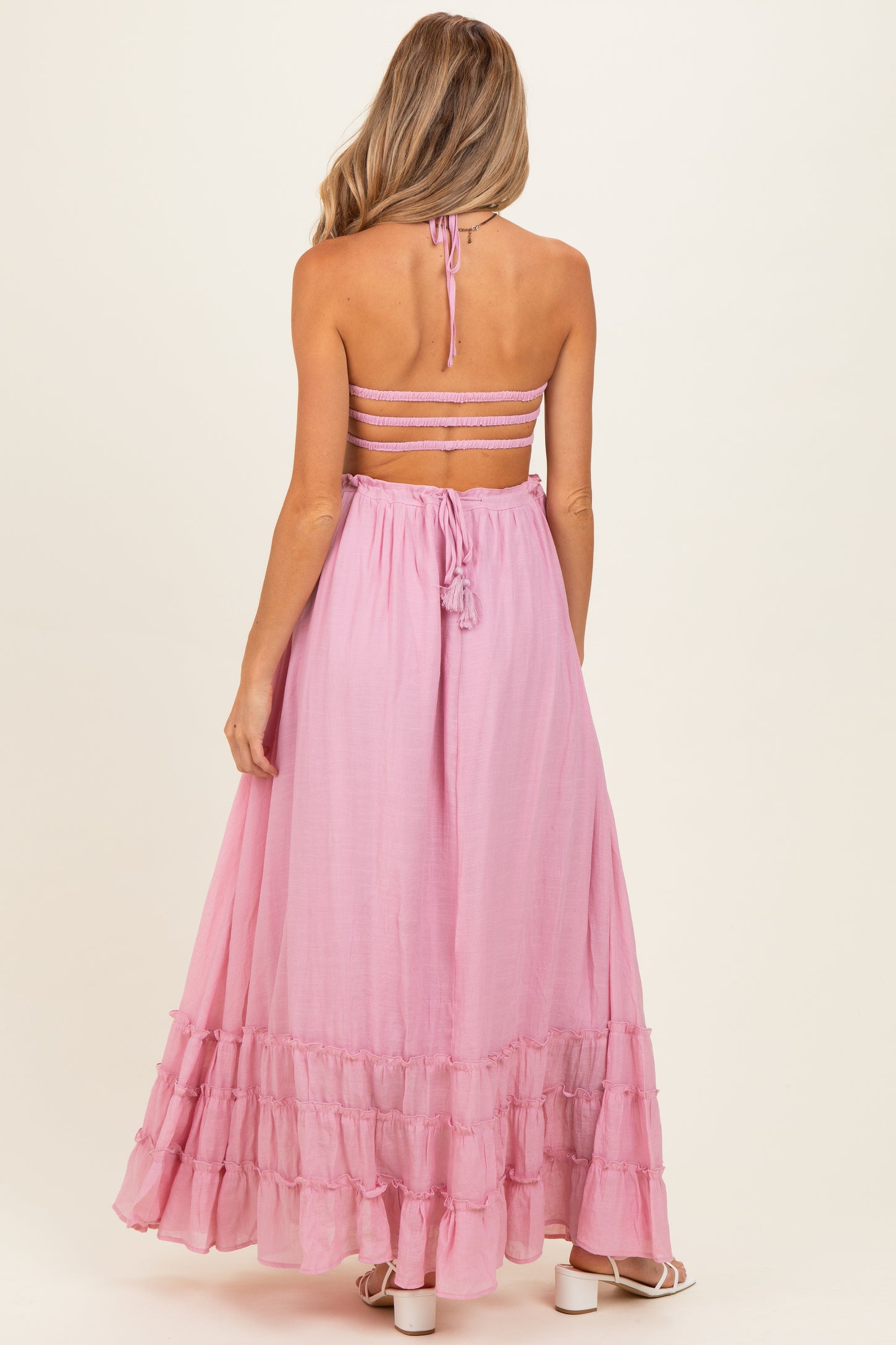 pink smocked dress Light Pink Smocked Halter Open Back Maternity Maxi Dress