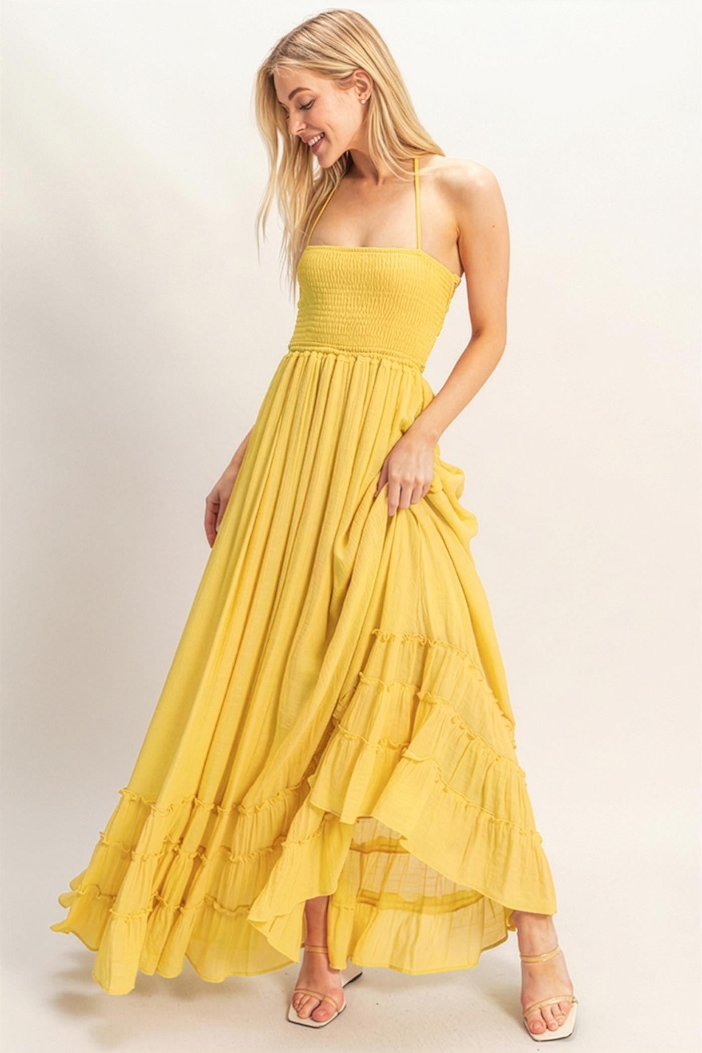 low back yellow maxi dress Elegant Yellow Satin Maxi Dress with Halter & Backless Detail