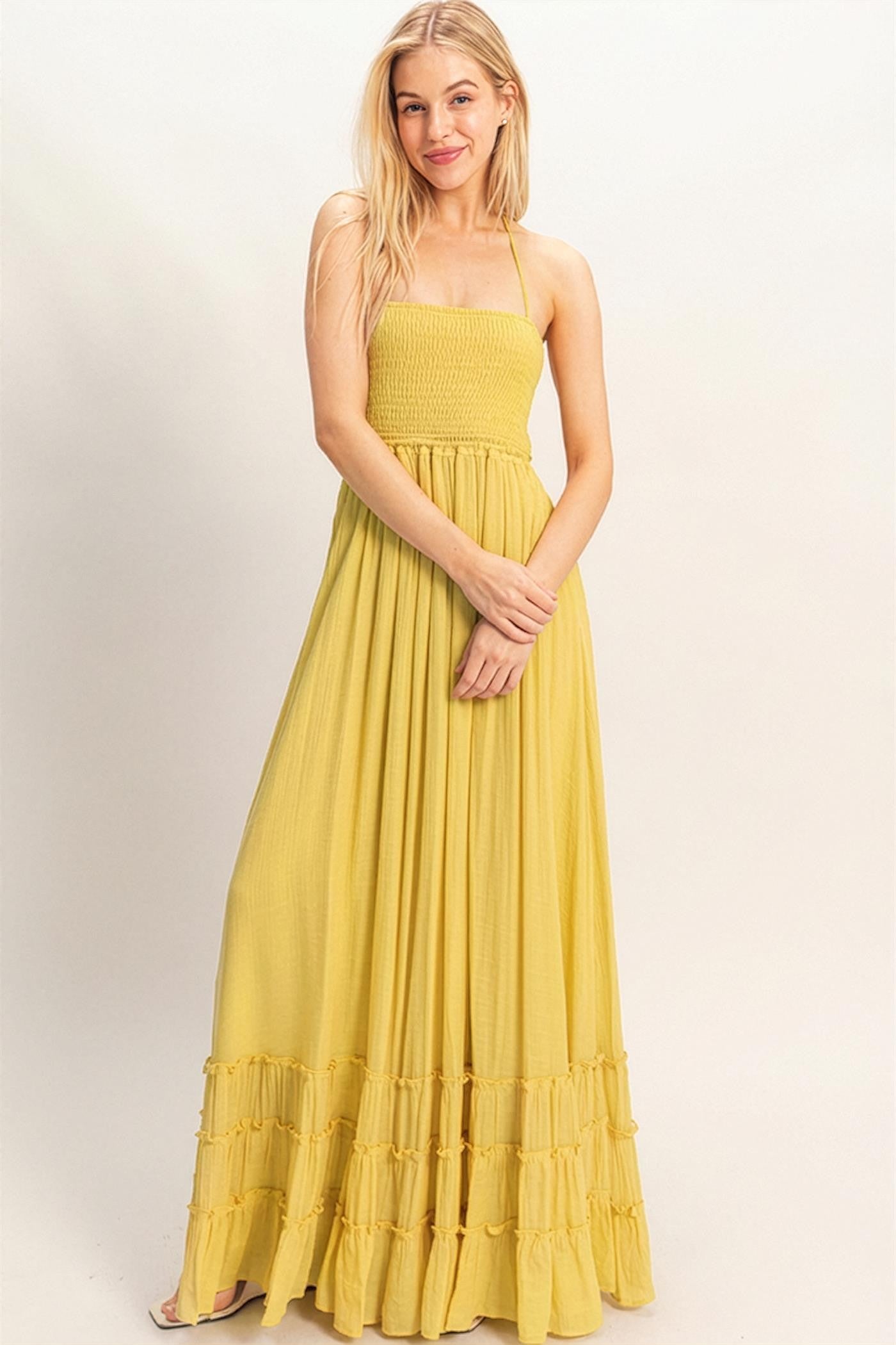 smocked halter maxi dress Blush Pink Smocked Halter Tiered Maxi Dress Large