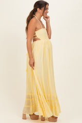 Yellow Smocked Halter Open Back Maternity Maxi Dress