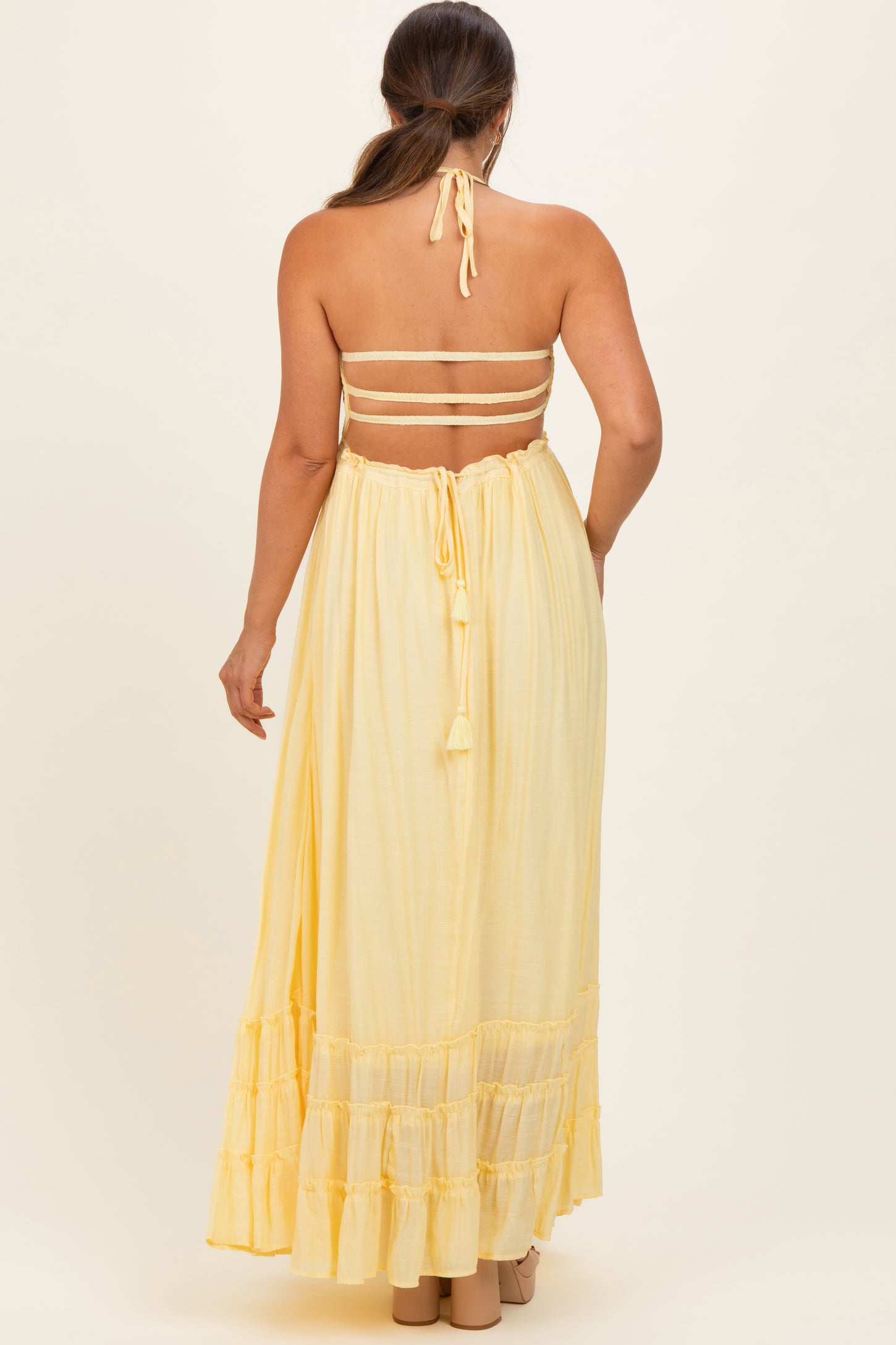 Yellow Smocked Halter Open Back Maternity Maxi Dress – PinkBlush