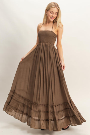 Chocolate Smocked Halter Open Back Maxi Dress
