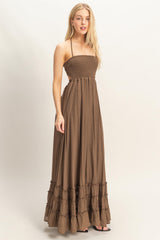 Chocolate Smocked Halter Open Back Maxi Dress