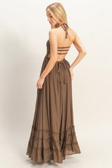 Chocolate Smocked Halter Open Back Maxi Dress