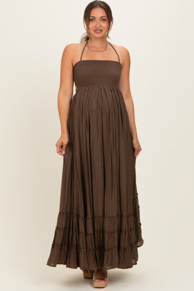 chocolate brown maternity bridesmaid dress Chocolate Smocked Halter Open Back Maternity Maxi Dress