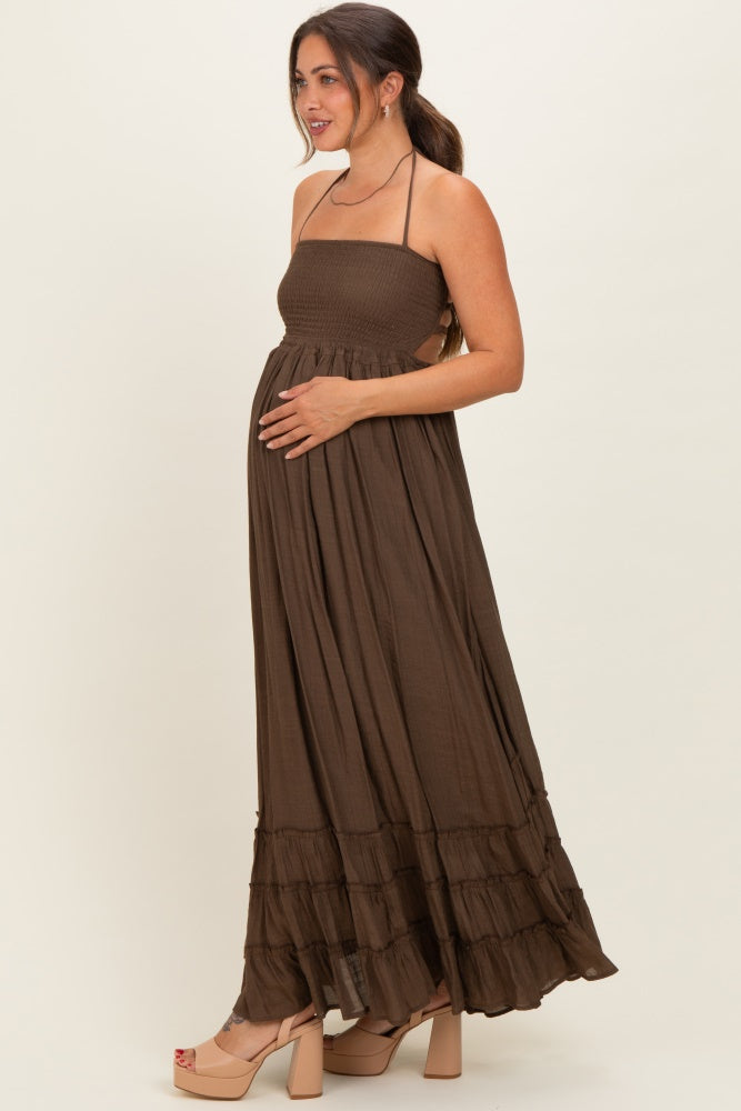 Brown Halter Neck Smocked Tiered Hem Maternity Maxi Dress