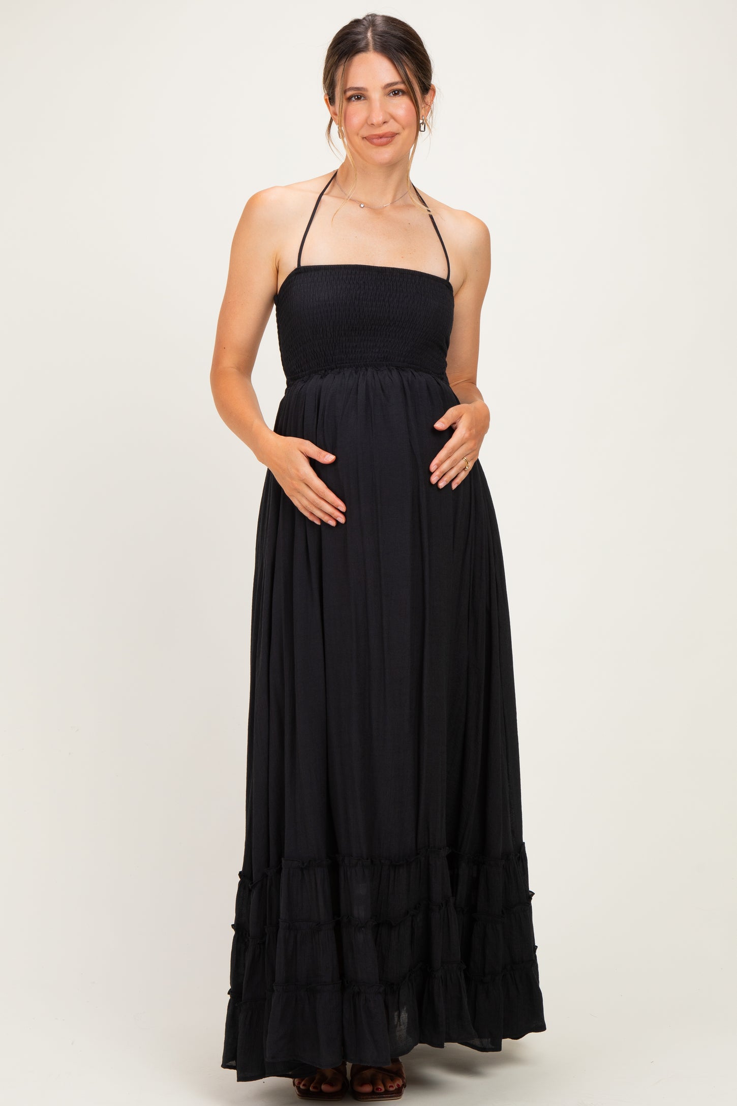 Black Smocked Halter Open Back Maternity Maxi Dress – PinkBlush
