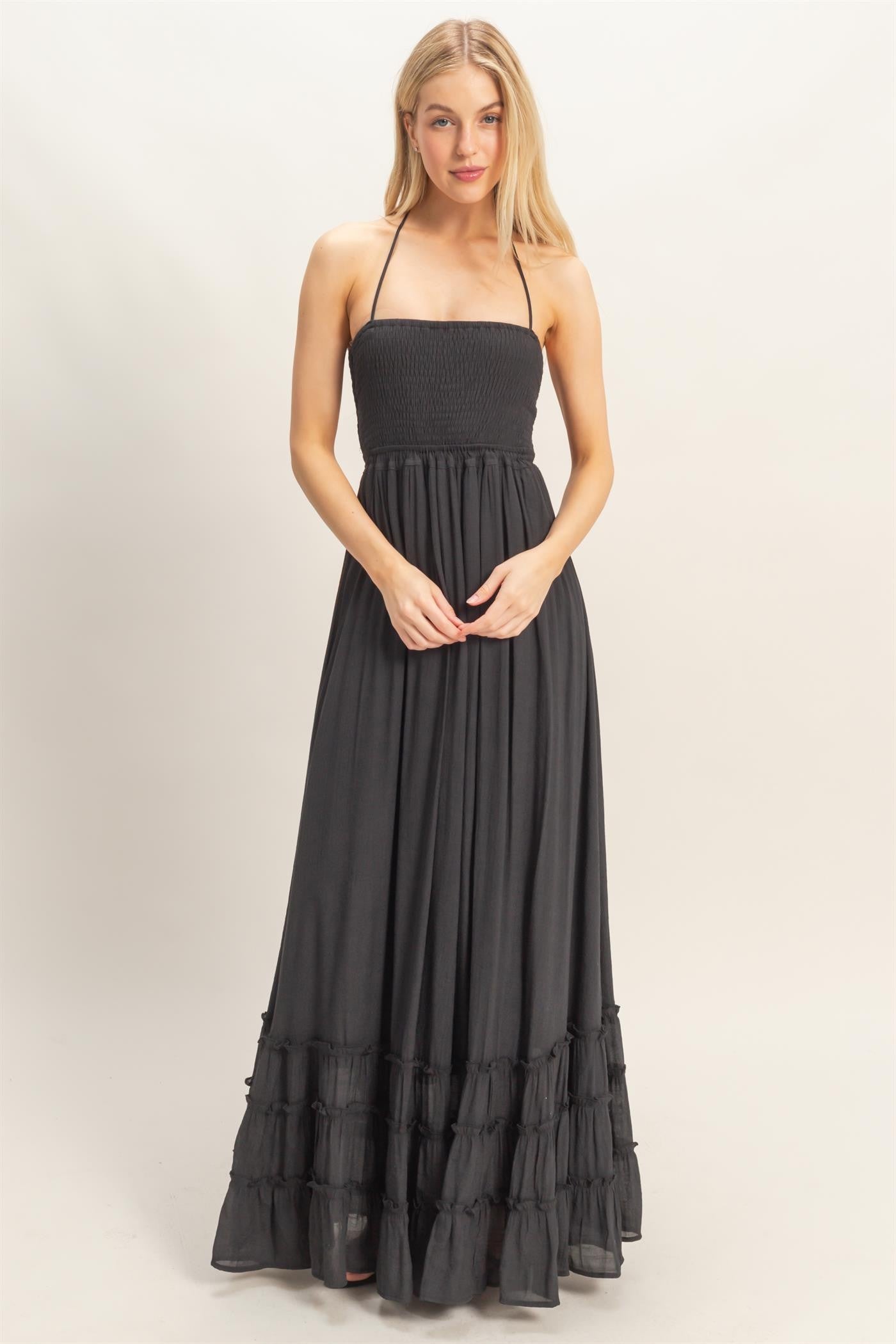 Black Smocked Halter Open Back Maxi Dress – PinkBlush