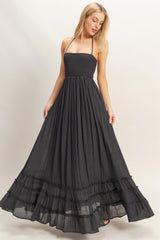 Black Smocked Halter Open Back Maxi Dress