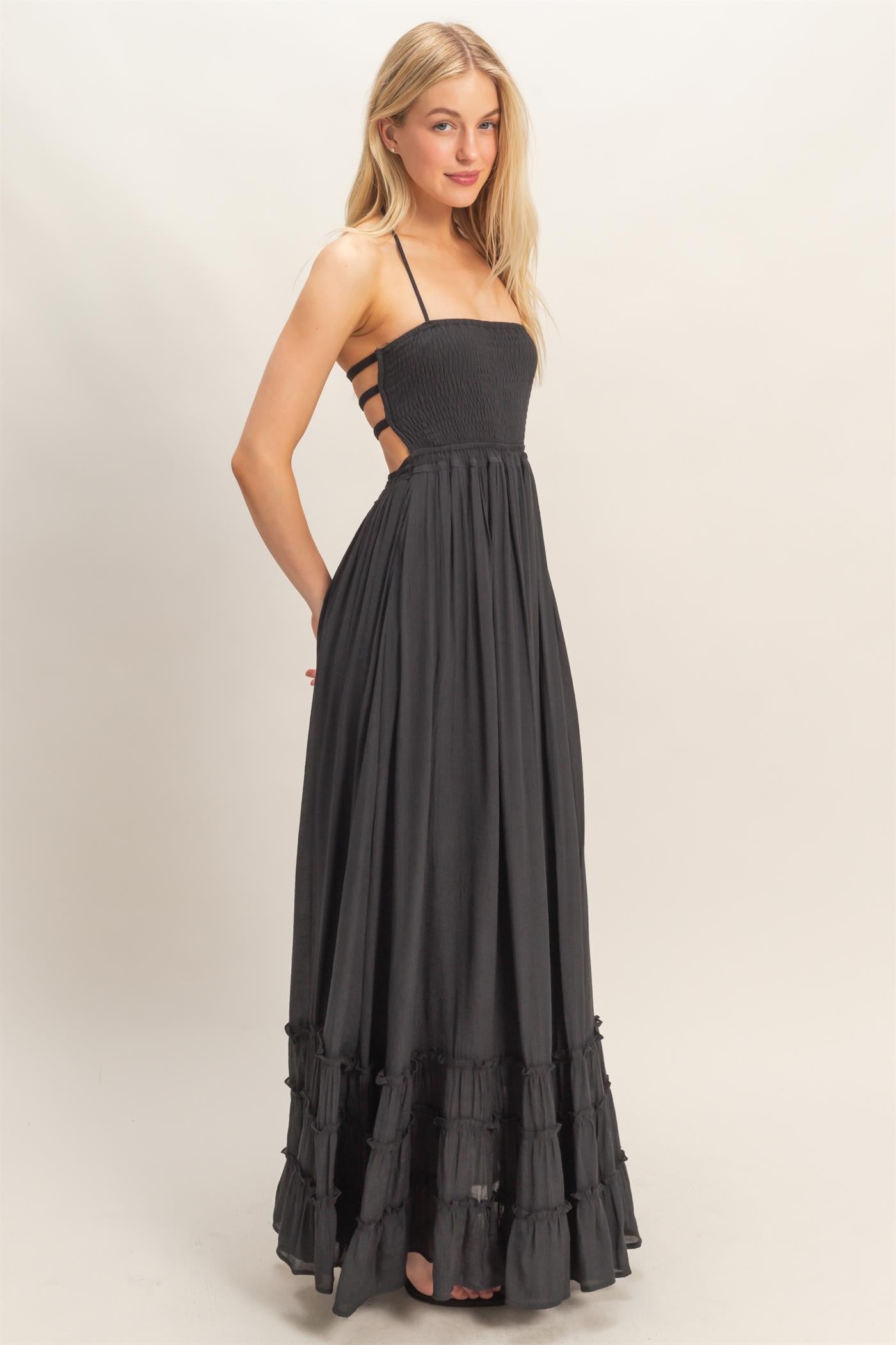 Black Smocked Halter Open Back Maxi Dress
