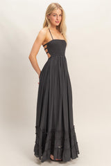 Black Smocked Halter Open Back Maxi Dress