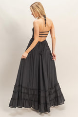 Black Smocked Halter Open Back Maxi Dress