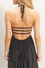 Black Smocked Halter Open Back Maxi Dress