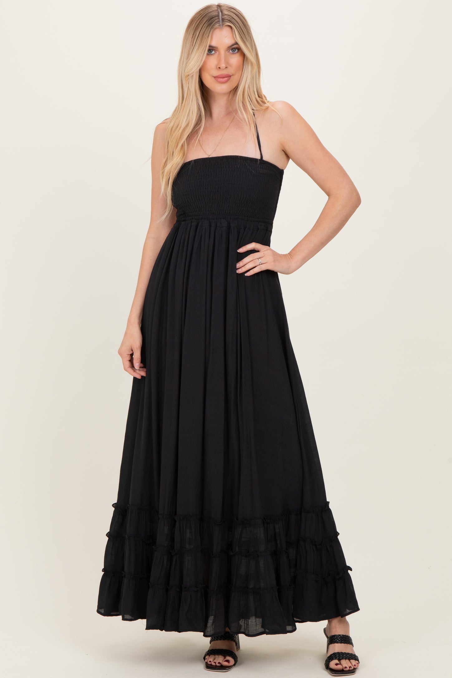 Black Smocked Halter Open Back Maxi Dress Black Smocked Halter Open Back Maxi Dress