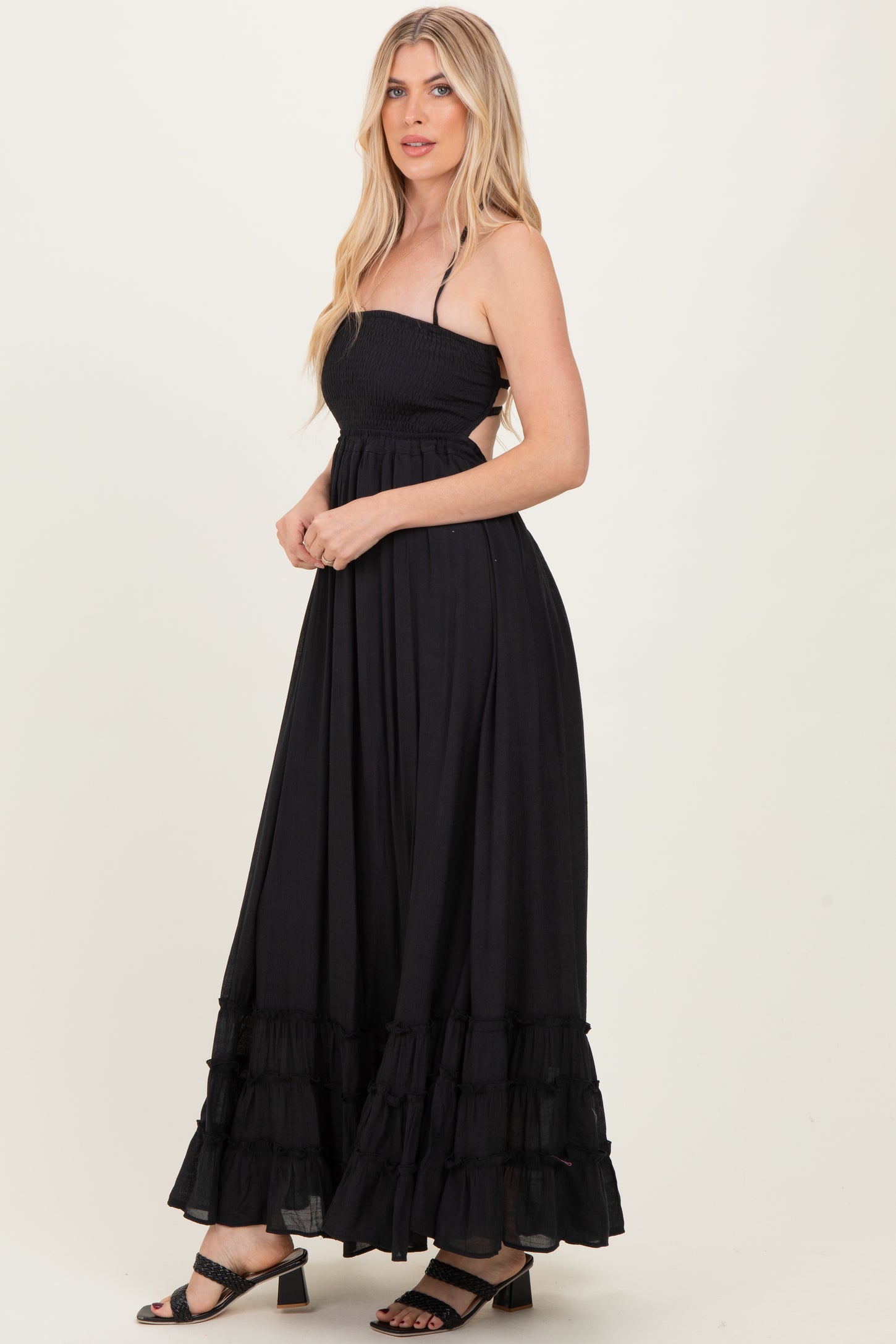 Black Smocked Halter Open Back Maxi Dress – PinkBlush