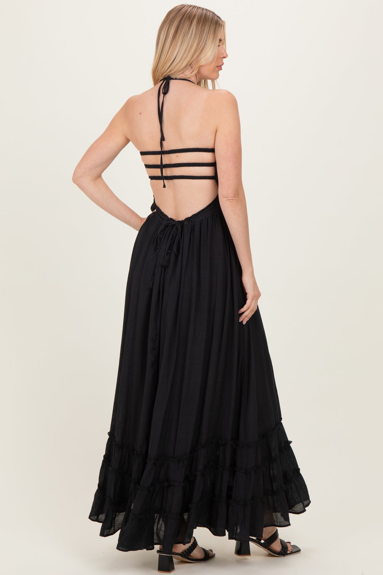 Black Smocked Halter Open Back Maxi Dress – PinkBlush