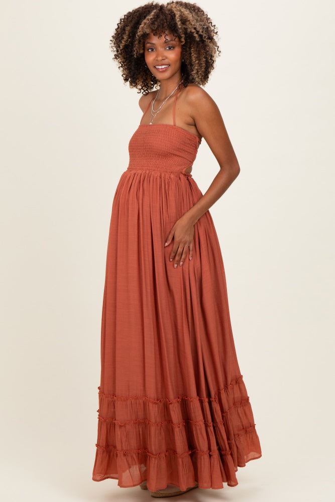 rust maternity bridesmaid dress Smocked Halter Open Back Maxi PromotionName: Up To 60% Off