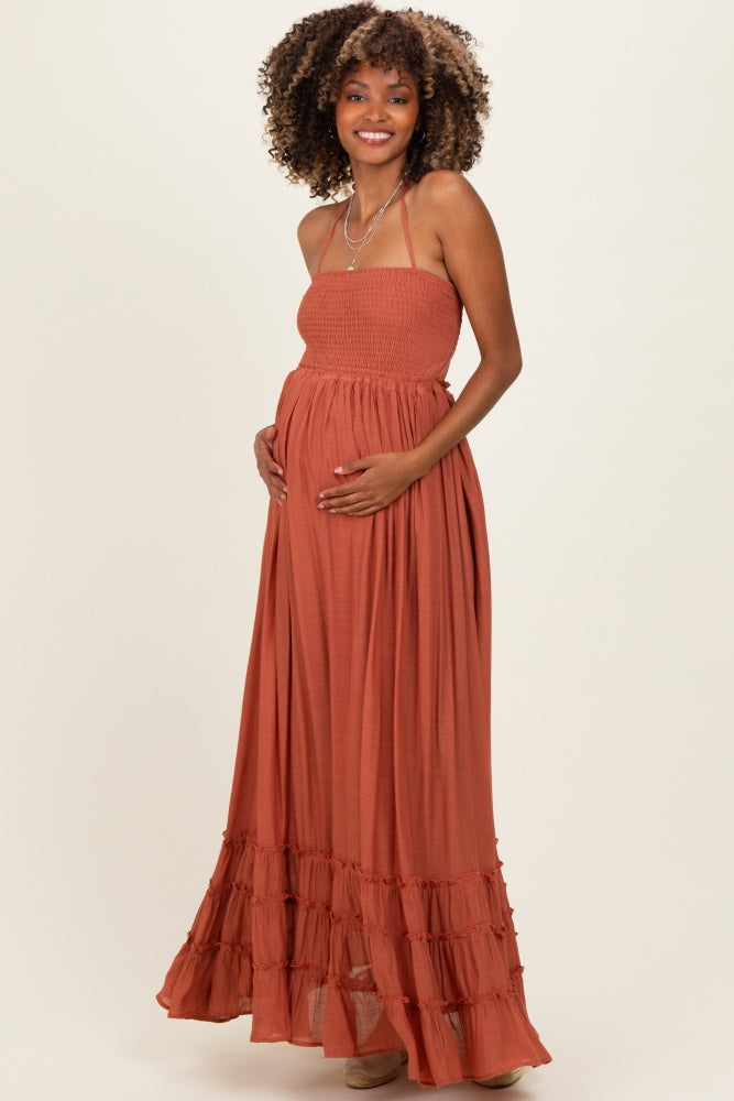 Rust Smocked Halter Open Back Maternity Maxi Dress – PinkBlush
